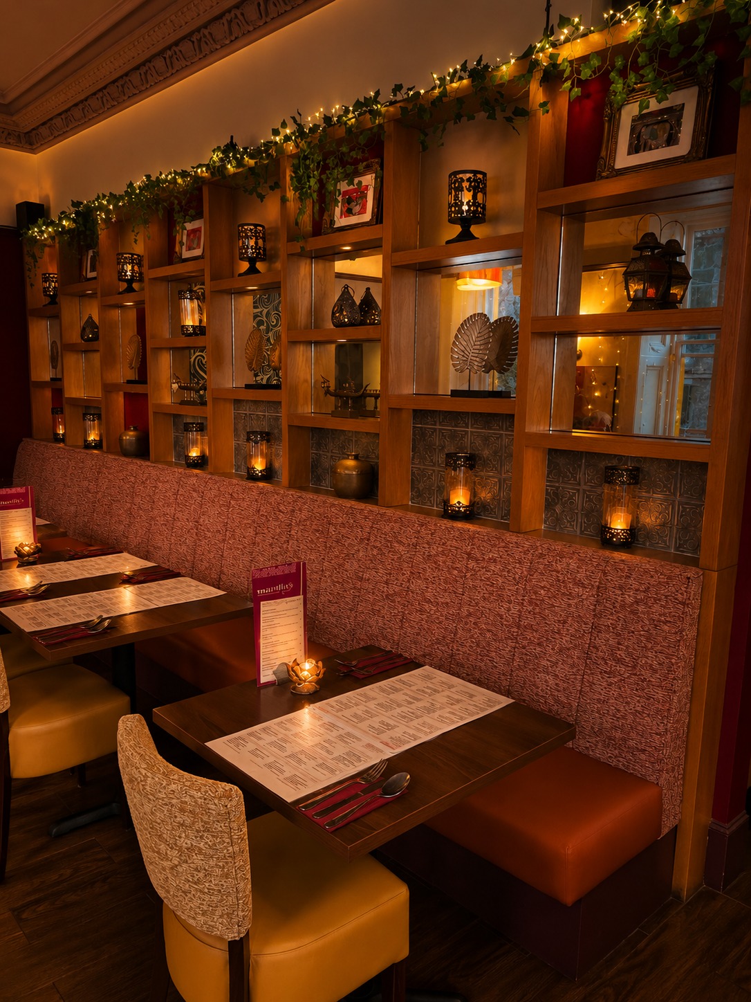 Candlelit booth seating with carved wooden shelving at Thairiffic