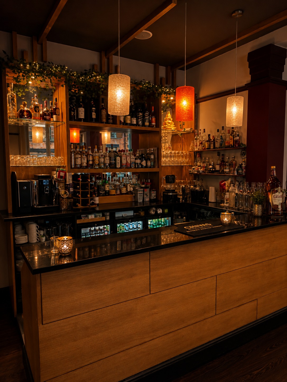 The bar at Thairiffic with warm pendant lighting